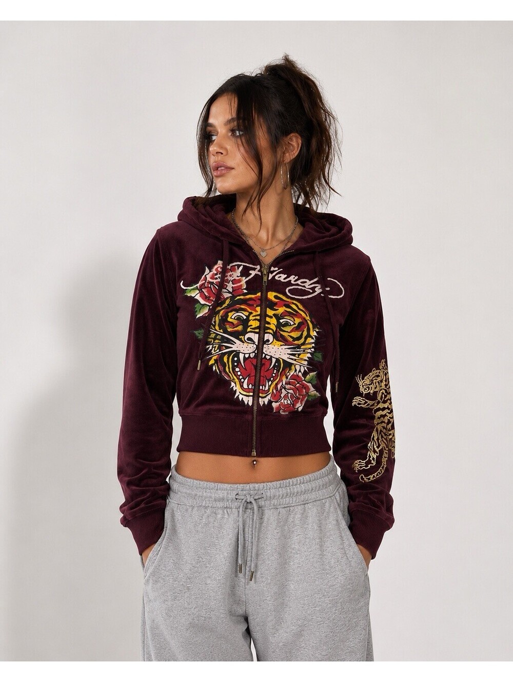 Ed Hardy Retro Tiger Burgundy Jacket Velour Cropped Y2K Women Size M Tattoo Rose
